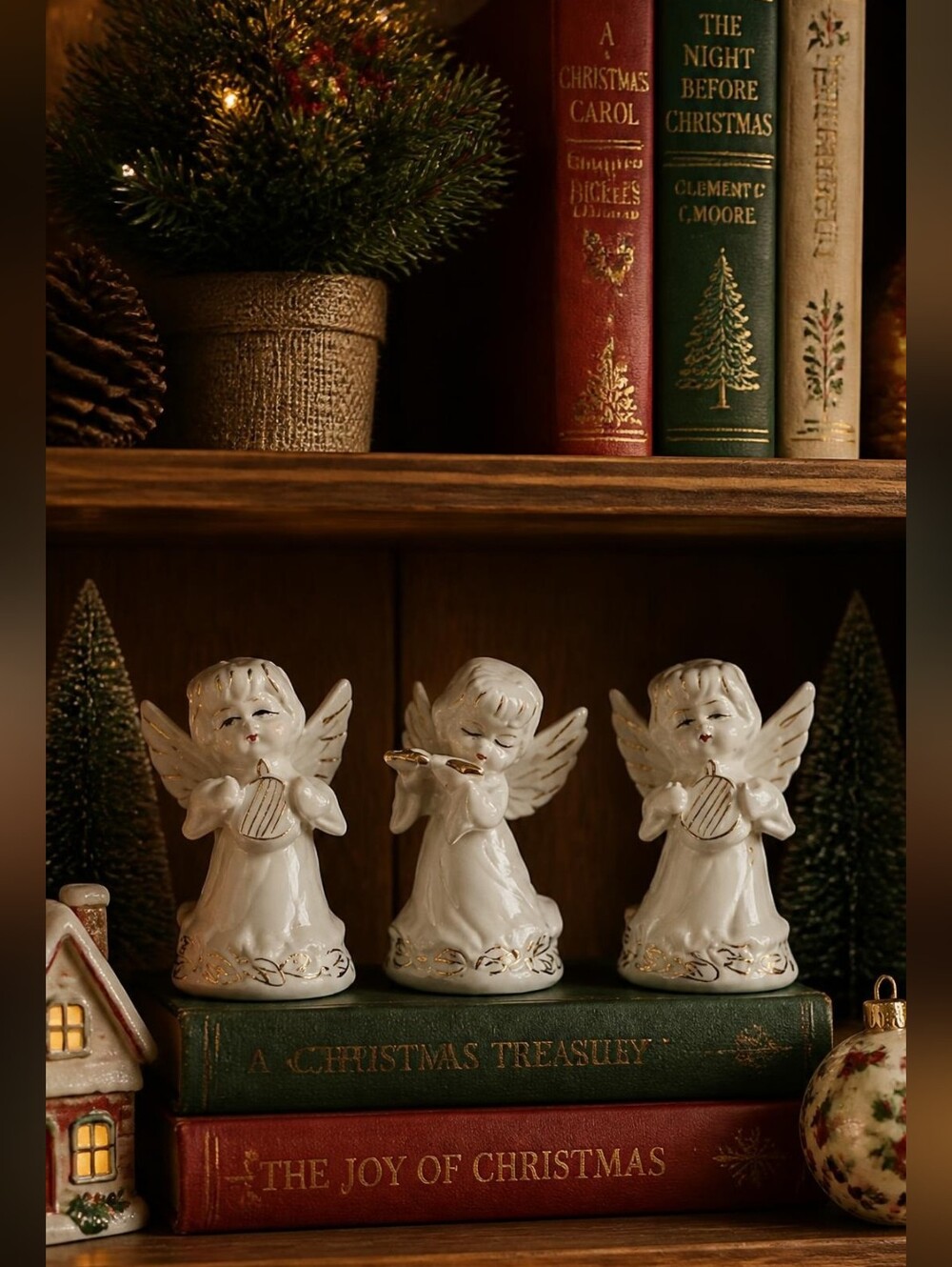 Vintage Porcelain Christmas Angels Gold Trim Set of 3
